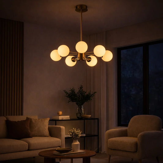 Hanglamp Amali – 8 Lichtpunten – Opaal Glas Brushed Gold – Ø80 cm – afbeelding 2
