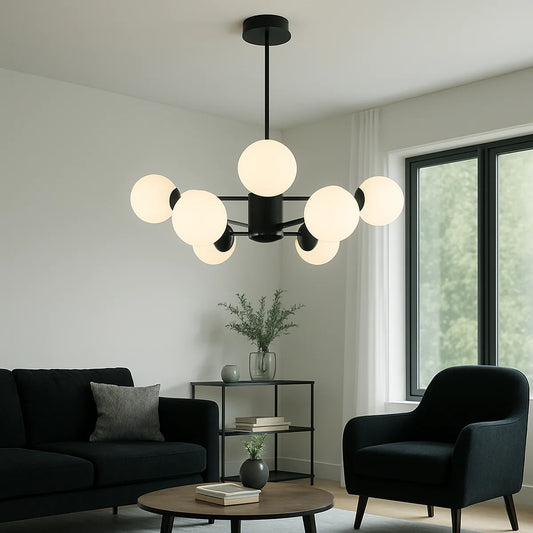 Hanglamp Amali – 8 Lichtpunten – Opaal Glas Zwart – Ø80 cm