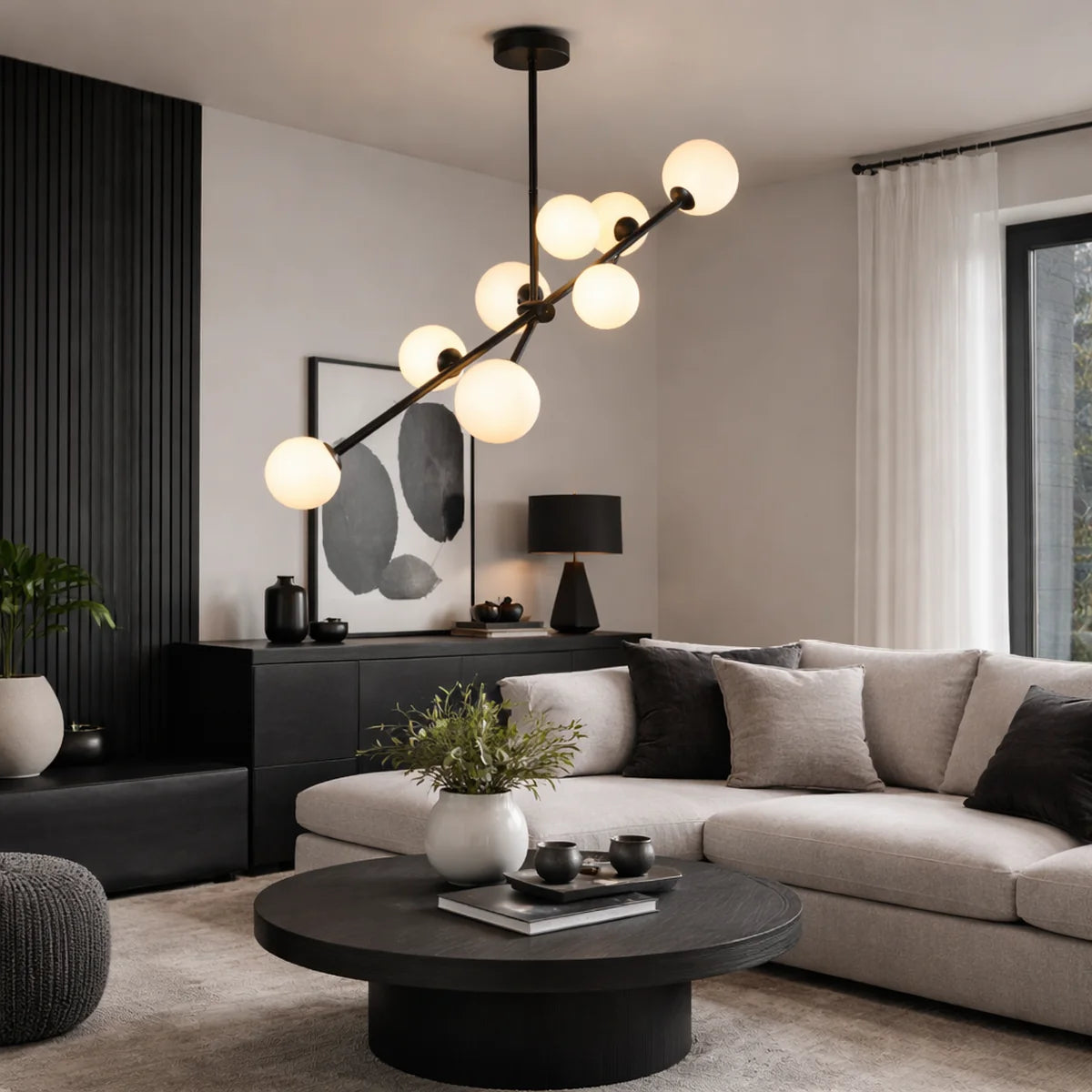 Hanglamp Sable – Roterend – 9 Lichtpunten – Opaal Glas Zwart