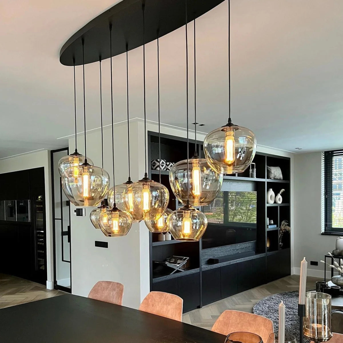 Hanglamp Sival – 10 Lichtpunten – Amber Glas – Eettafel Ovaal