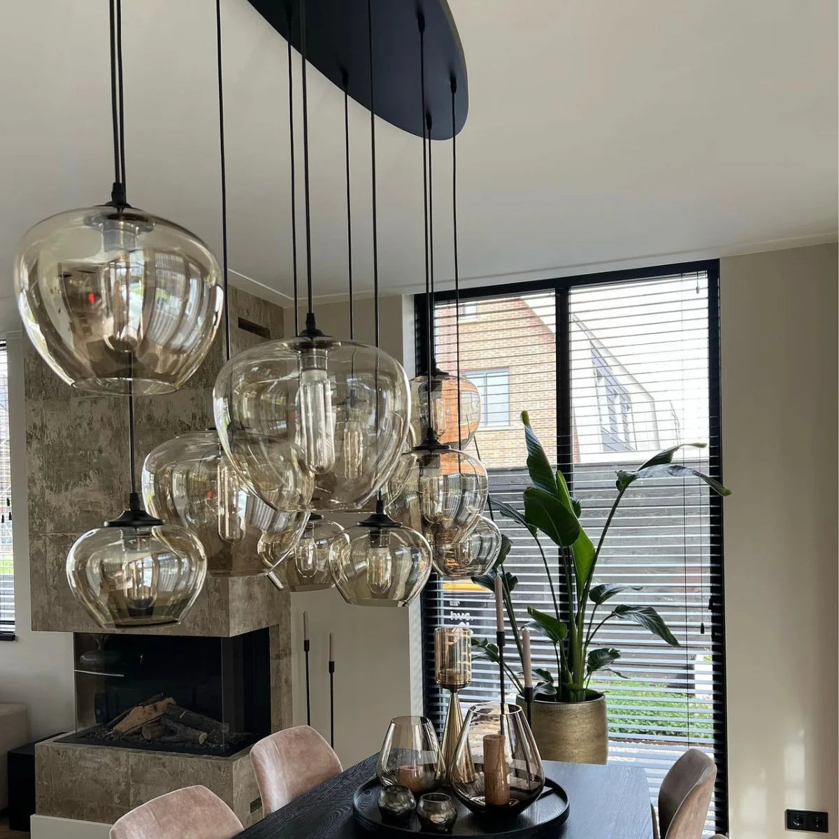 Hanglamp Sival – 10 Lichtpunten – Amber Glas – Eettafel Ovaal – afbeelding 3