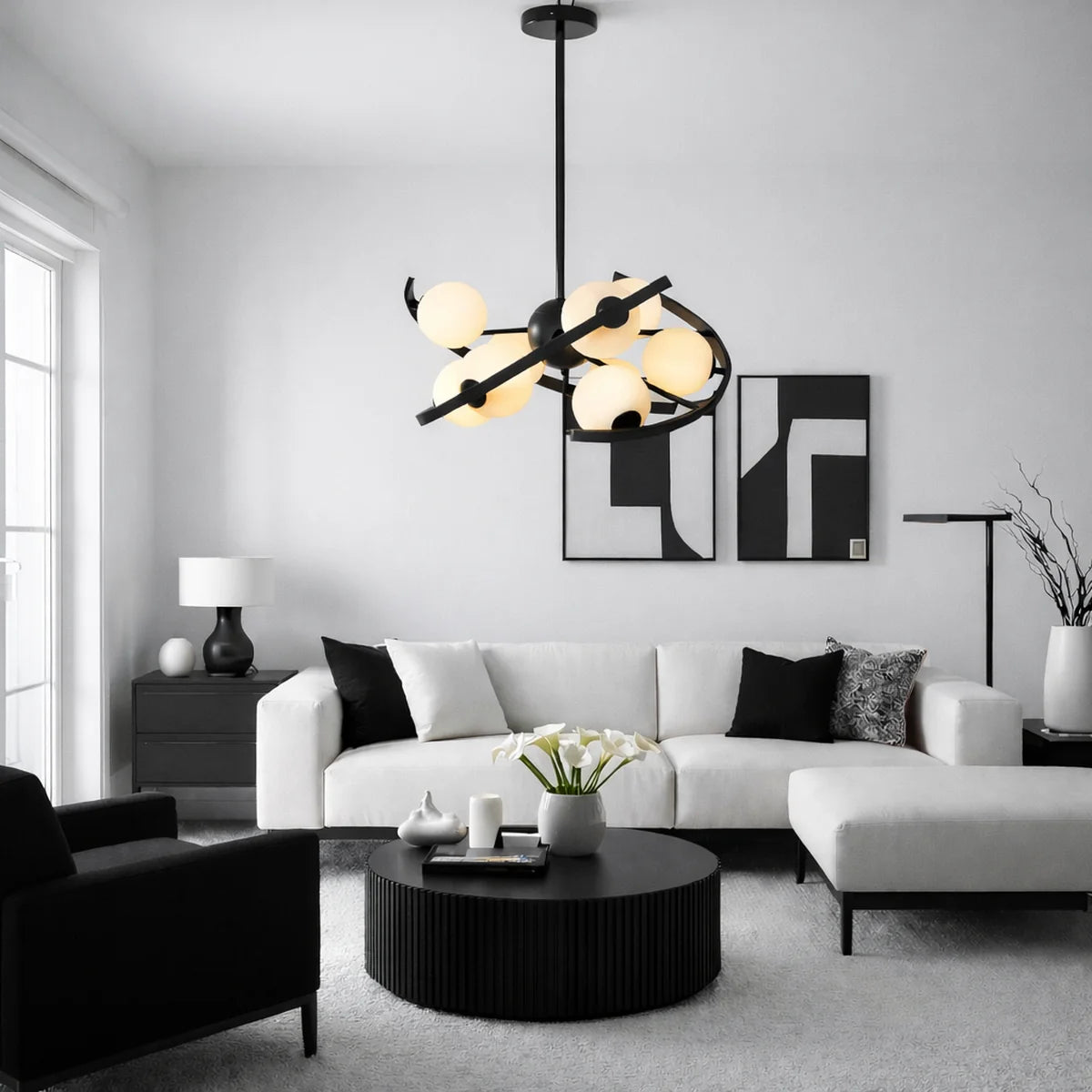 Hanglamp Skia – 9 Lichtpunten – Opaal Glas Zwart
