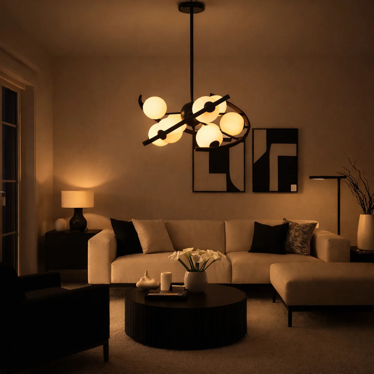 Hanglamp Skia – 9 Lichtpunten – Opaal Glas Zwart – afbeelding 2